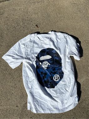 Bape White Tee with Blue Camo Ape Head Graphic